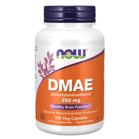 Thumbnail for A bottle of Now Foods DMAE 250 mg 100 Veg Capsules, containing 100 vegetarian capsules of 250 mg each. The label highlights 