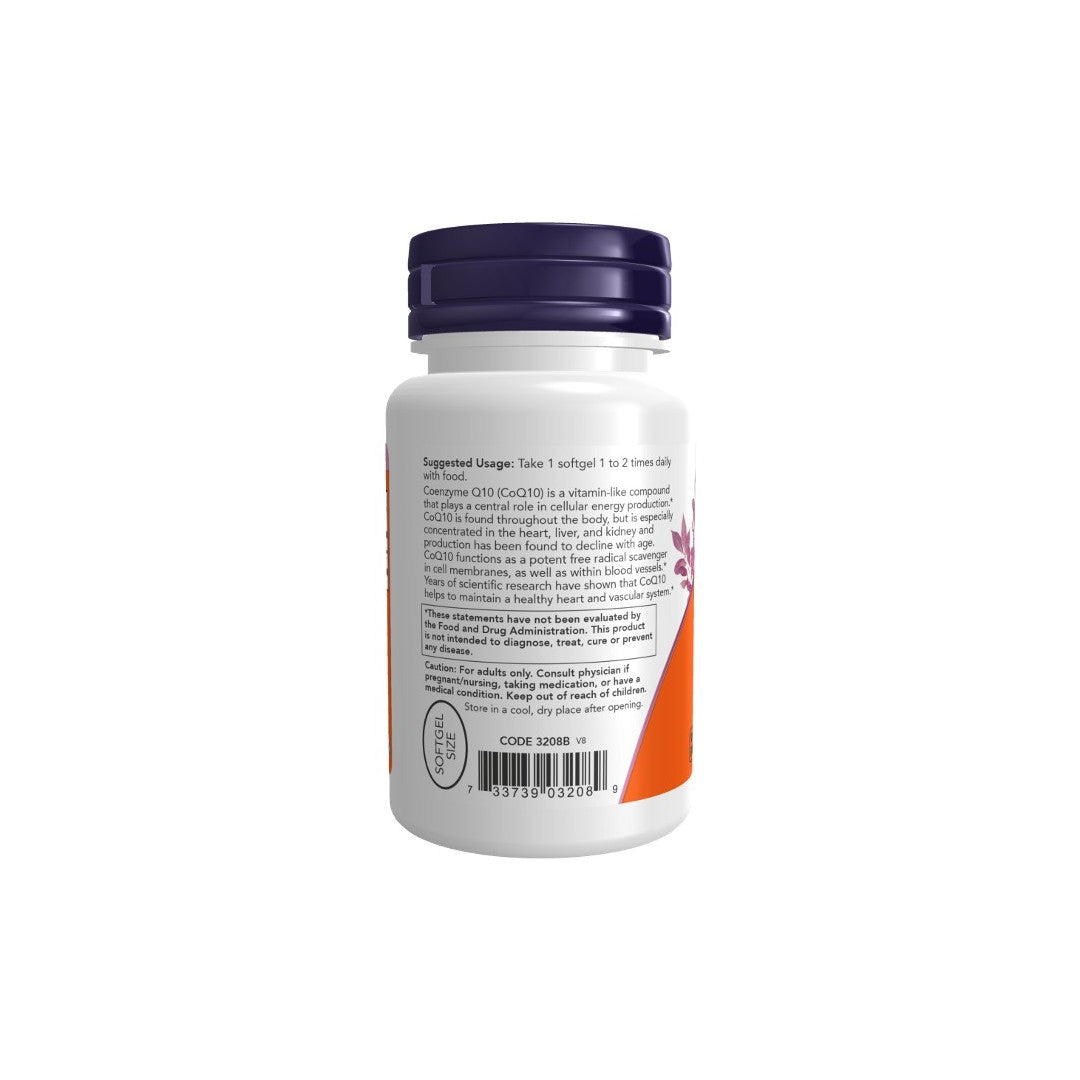 A white bottle with a navy blue cap displaying supplementary dietary information, heart health benefits, and usage directions on the label for Coenzyme CoQ10 100 mg 50 Softgels by Now Foods.