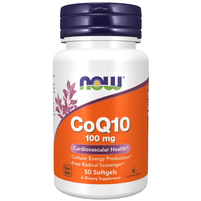 A bottle of Now Foods Coenzyme CoQ10 100 mg, containing 50 softgels, promoted for heart health, cellular energy production, and free radical scavenging.