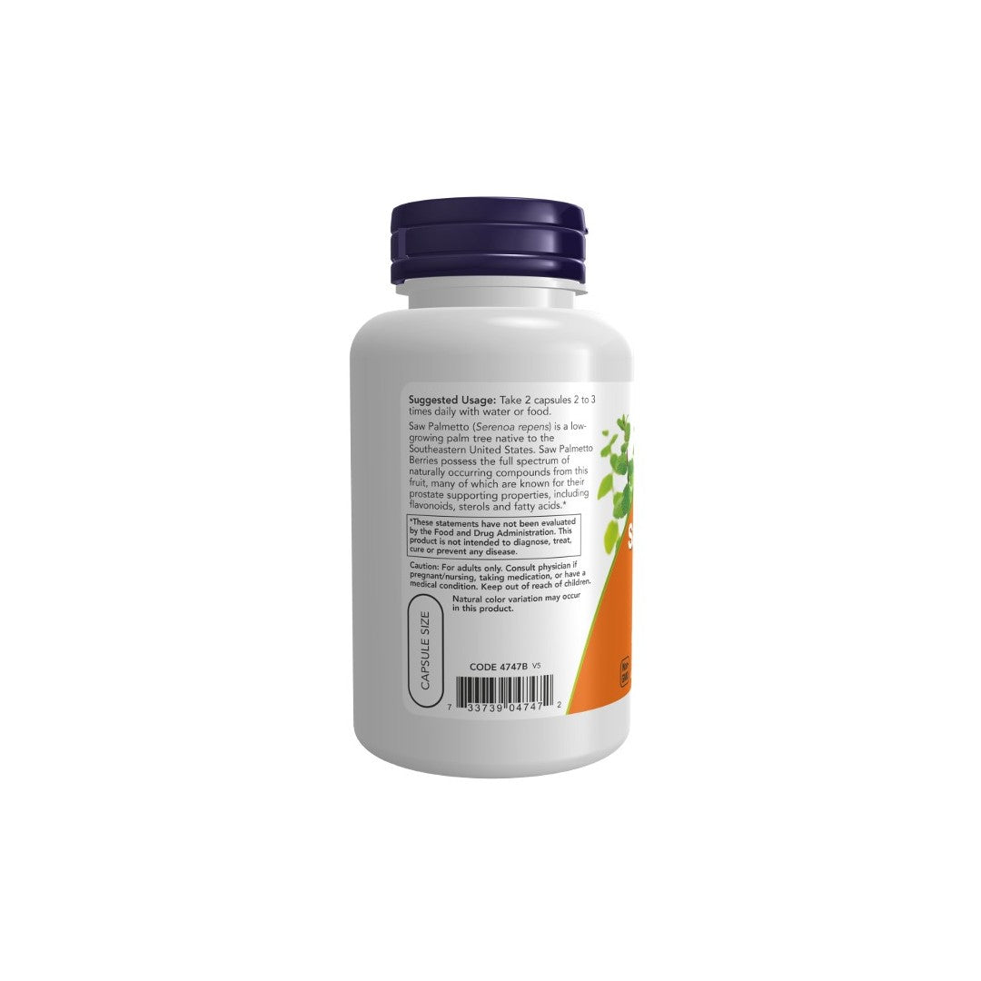 A bottle of Now Foods' Saw Palmetto Berries 550 mg 100 Veg Capsules, featuring a dark purple cap and a white label with suggested usage instructions, ingredients, and other product information designed to support prostate health.