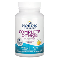 Thumbnail for Nordic Naturals' Complete Omega 565 mg supplement contains 60 soft gels, enriched with omega-3 and borage seed oil to support skin health, joint function, and cognitive abilities. Each serving delivers a total of 565 mg of omega-3s, including DHA, along with 70 mg of GLA, all in a refreshing lemon flavor.