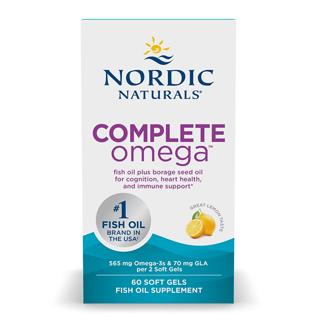 A package of Nordic Naturals Complete Omega 565 mg, consisting of 60 soft gels that feature DHA and are designed to support cognition, heart, and immune health with a zesty lemon flavor.