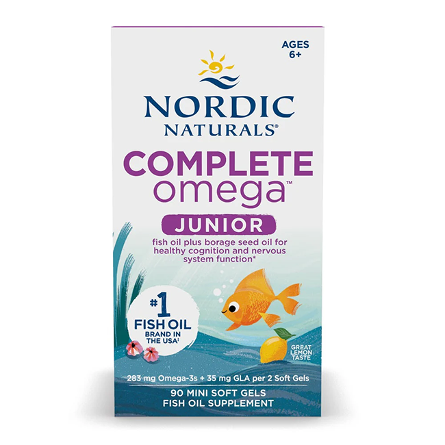 Nordic Naturals Complete Omega Junior 283 mg fish oil supplement, designed for children aged 6 and up, comes in a box with a fish design and offers a lemon flavor. It is packed with Omega-3 fatty acids to support children's health, and includes 90 mini soft gels.