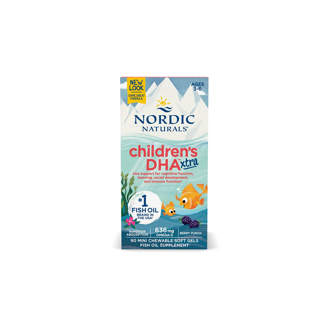 A box of Nordic Naturals Children's DHA Xtra 636 mg, designed for ages 3-6, contains 90 mini chewable soft gels rich in omega-3 and is presented in ocean-themed packaging decorated with fish illustrations.