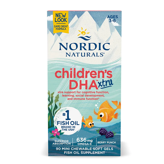 Box of Nordic Naturals Children's DHA Xtra for ages 3-6, containing 90 mini chewable soft gels with a berry punch flavor and fish and ocean-themed packaging. Each serving provides 636 mg of omega-3 for a healthy boost.