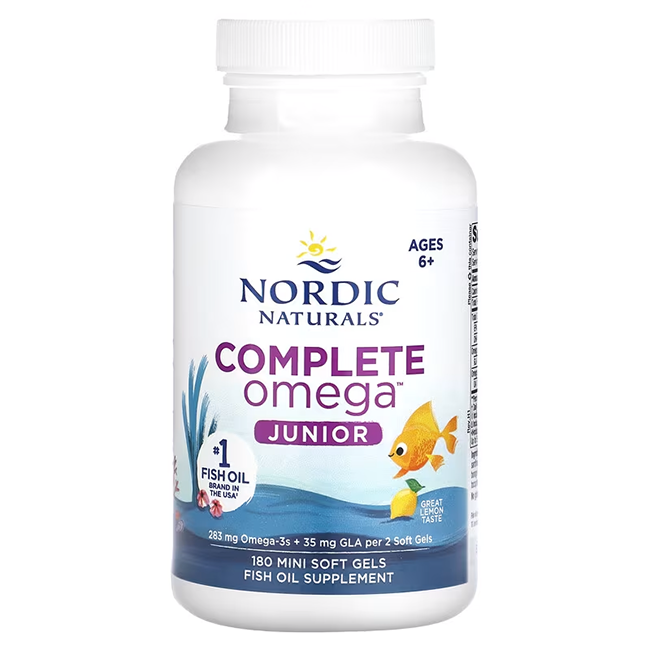 A bottle of Nordic Naturals Complete Omega Junior 283 mg fish oil supplements, suitable for ages 6 and up, contains 180 mini soft gels and is rich in DHA and EPA.