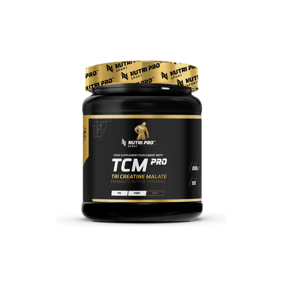 The Nutri Pro Sport TCM PRO 300 g Exotic Fruits Flavour jar showcases a sleek black and gold design with sporty graphics. It contains 50 servings of Tri Creatine Malate enhanced with B vitamins, aimed at boosting muscle regeneration.