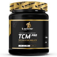 Thumbnail for A container of TCM PRO 300 g Exotic Fruits Flavour from Nutri Pro Sport, designed with a chic black and gold aesthetic, is enriched with B-vitamins for muscle regeneration. It offers approximately 50 servings.