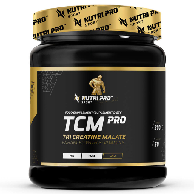 The Nutri Pro Sport TCM PRO 300 g Orange Flavour dietary supplement, featuring a sleek black and gold label, contains 300g of creatine malate. Enriched with B-vitamins, it supports muscle regeneration for athletes aiming for optimal performance.