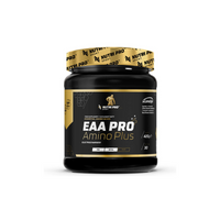 Thumbnail for The EAA PRO Amino Plus 420g from Nutri Pro Sport, featuring an orange flavor and a black jar with vibrant yellow text and graphics, is packed with essential amino acids to support muscle regeneration for optimal performance.