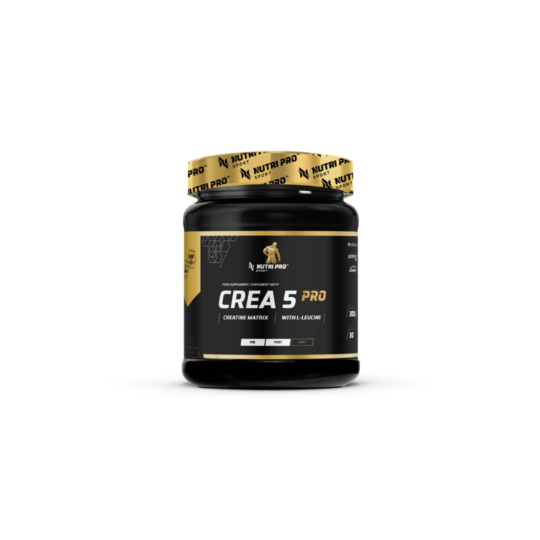 A stylish black container of Nutri Pro Sport's Crea 5 Pro Creatine Matrix supplement in Raspberry - Lemon flavor, adorned with a gold and black label, crafted to aid muscle regeneration and boost physical performance.