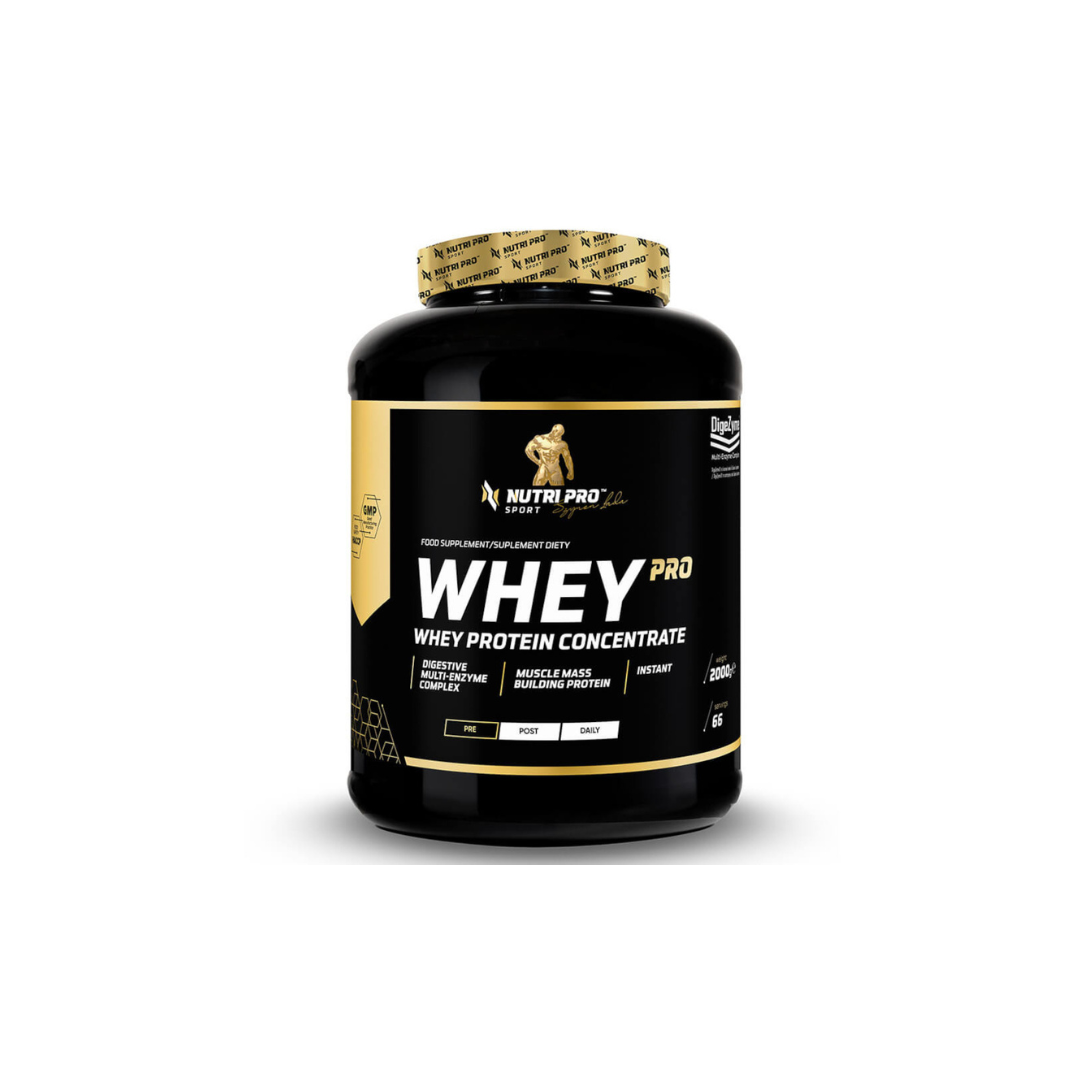 The black and gold container of Nutri Pro Sport’s Whey PRO - Whey Protein Concentrate 2000g in Strawberry Flavour boasts a high-quality whey protein concentrate, enhanced with amino acids to support optimal muscle mass and recovery.