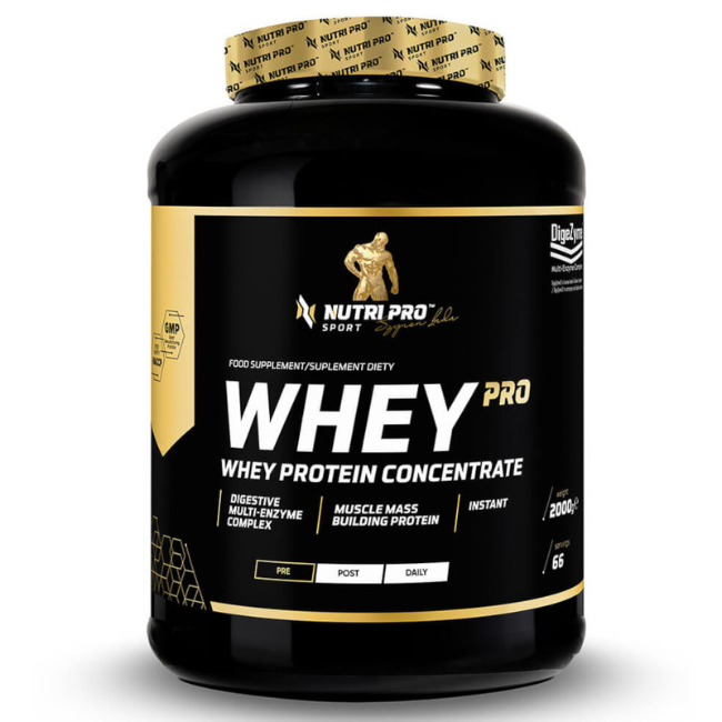 A 2000g container of Nutri Pro Sport's Whey PRO in vanilla flavor, featuring a digestive multi-enzyme complex and enriched with amino acids for muscle mass building.