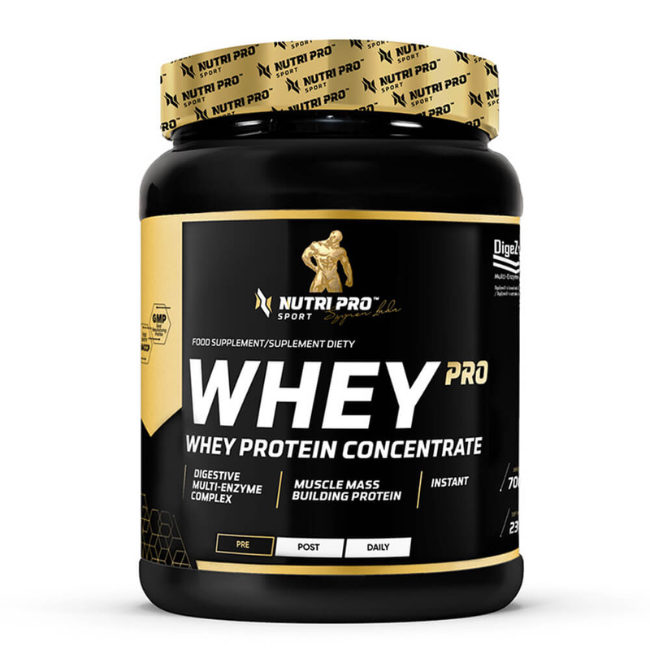 A container of Nutri Pro Sport's Whey PRO Whey Protein Concentrate in Cookie with Cream Flavour, featuring black and gold packaging, highlights its benefits by showcasing digestive enzymes, amino acids, and muscle mass building, with each container holding 700 grams.