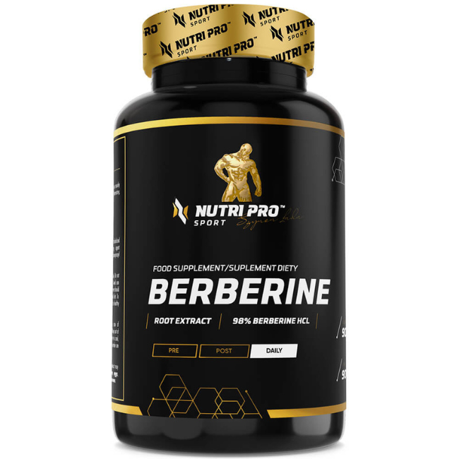 A sleek black and gold bottle of Nutri Pro Sport's Berberine HCl 90 Capsules, containing 98% Berberine Root Extract, supports cardiovascular health and is designed for daily use.