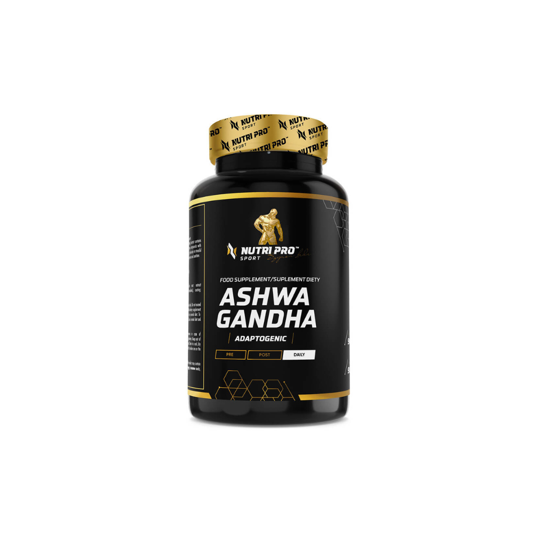 A black bottle labeled "Ashwagandha 667 mg 90 Capsules" by Nutri Pro Sport, showcasing the renowned adaptogen from Ayurvedic medicine, is centered against a white background.