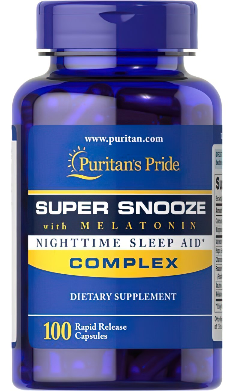 Puritan's Pride Super Snooze with Melatonin 100 Rapid Release Capsules nighttime aid complex promotes restful sleep.