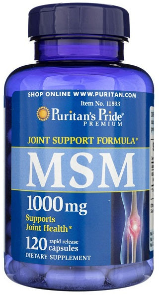 Un frasco de Puritan's Pride MSM 1000 mg 120 Cápsulas de liberación rápida, que favorece la salud del tejido conjuntivo y las articulaciones.