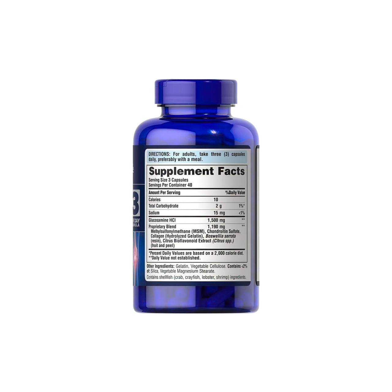 Un frasco de Puritan's Pride Glucosamina Condroitina MSM 120 cápsulas con etiqueta.