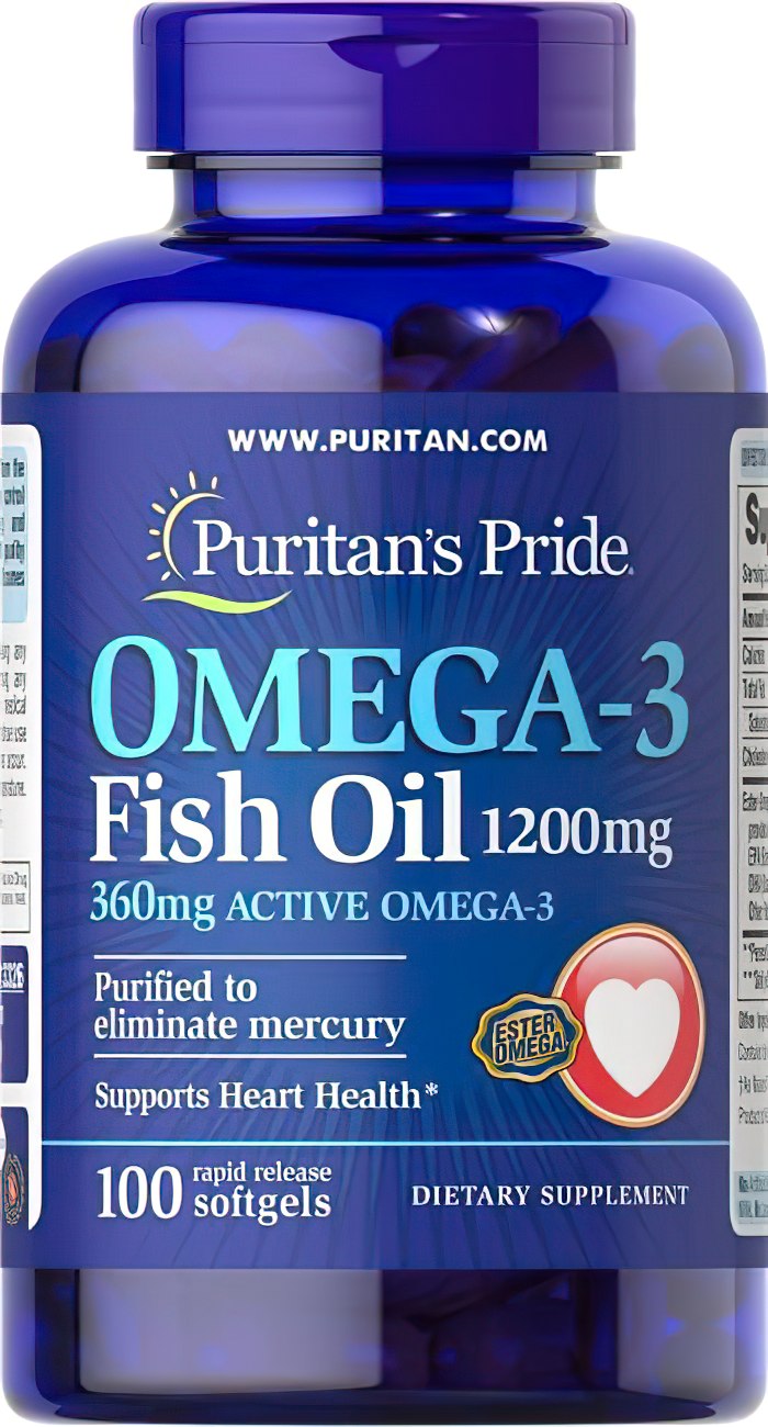 Puritan's Pride Omega-3 Aceite de Pescado 1200 mg (360 mg Omega-3 Activo) 100 cápsulas blandas es un suplemento de alta calidad que favorece la salud cardiovascular y la función cognitiva.