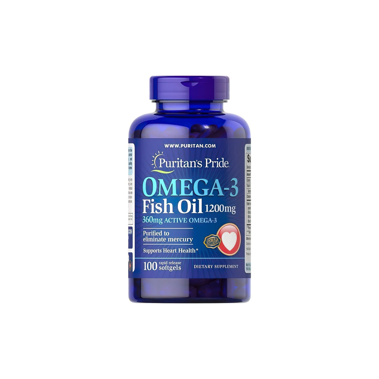 Un suplemento de 100 cápsulas blandas de Aceite de Pescado Omega-3 de 1200 mg (360 mg de Omega-3 Activo) de Puritan's Pride para la salud cardiovascular y la función cognitiva.