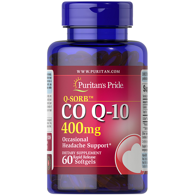 A bottle of Puritan's Pride Q-SORB™ CO Q10 400 mg, containing 60 rapid release softgels, supports cardiovascular health and energy production.