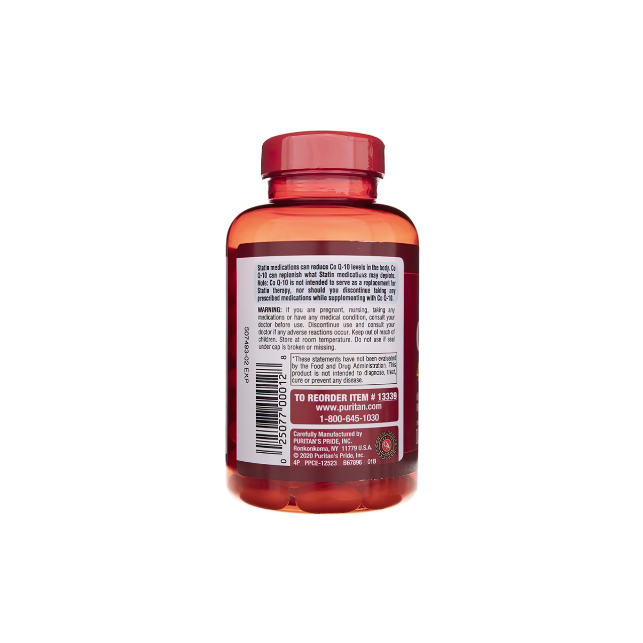 Un frasco de Puritan's Pride Coenzima Q10 Liberación Rápida 400 mg 120 Sgel sobre fondo blanco.