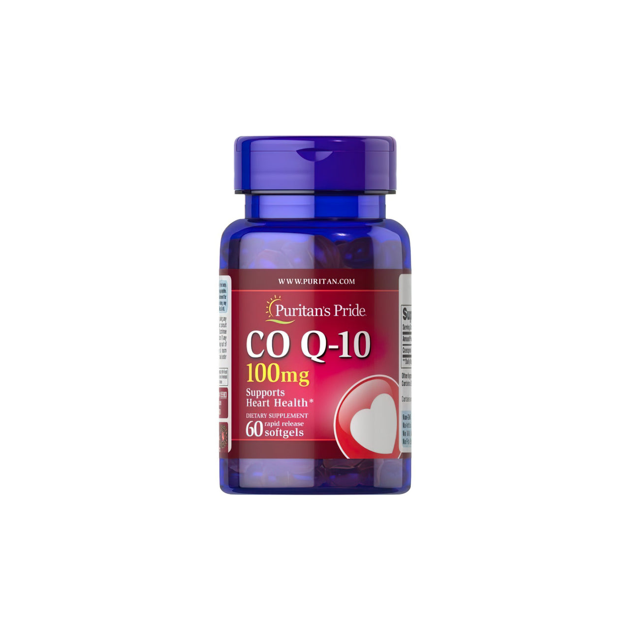 Un frasco de Q-SORB™ Co Q-10 100 mg 60 cápsulas blandas de liberación rápida de Puritan's Pride, un antioxidante, sobre fondo blanco.