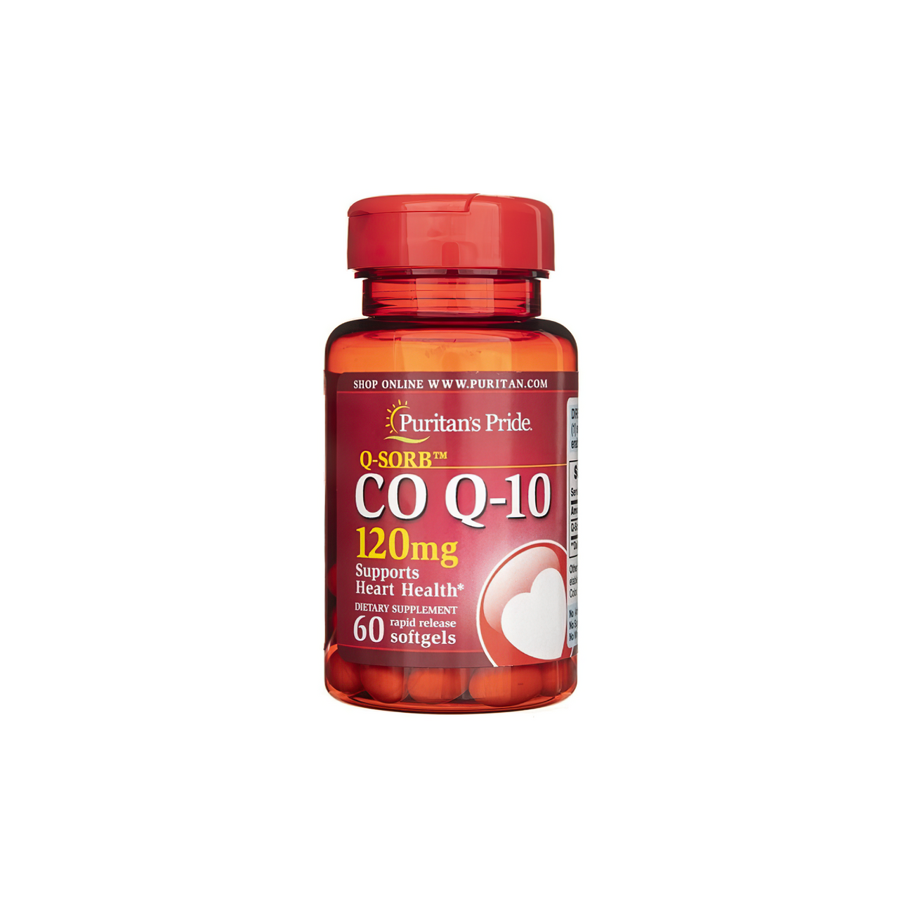 Un frasco de Puritan's Pride Coenzima Q10 - 120 mg 60 cápsulas blandas de liberación rápida.