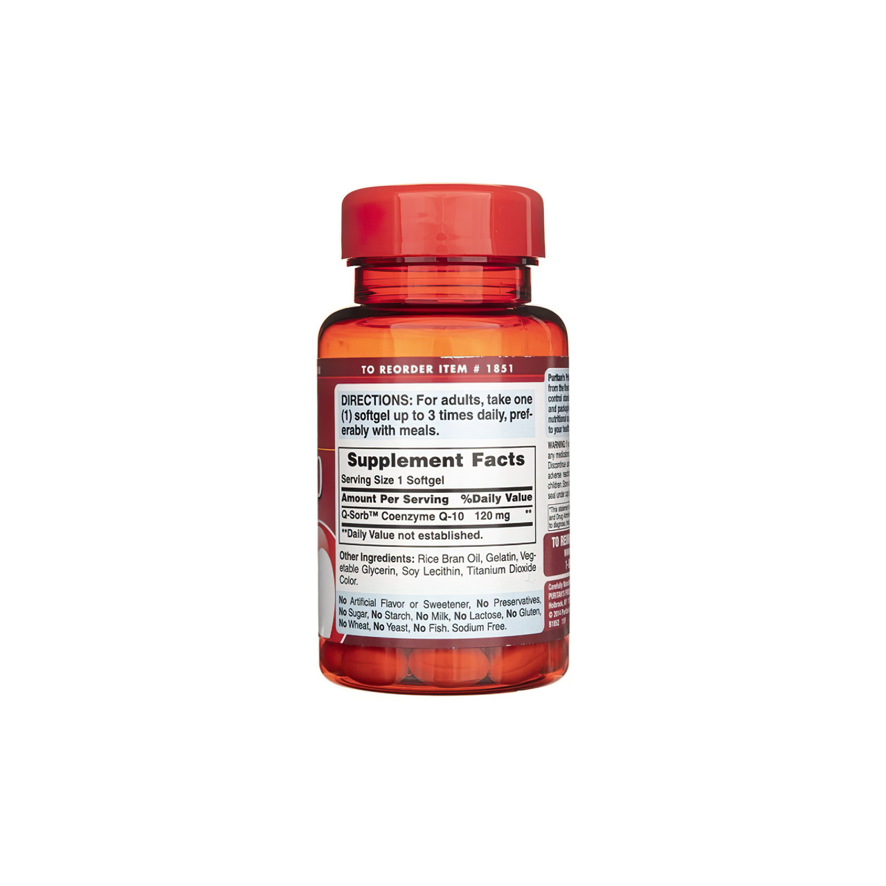 Un frasco de Puritan's Pride Coenzima Q10 - 120 mg 60 cápsulas blandas de liberación rápida sobre fondo blanco.
