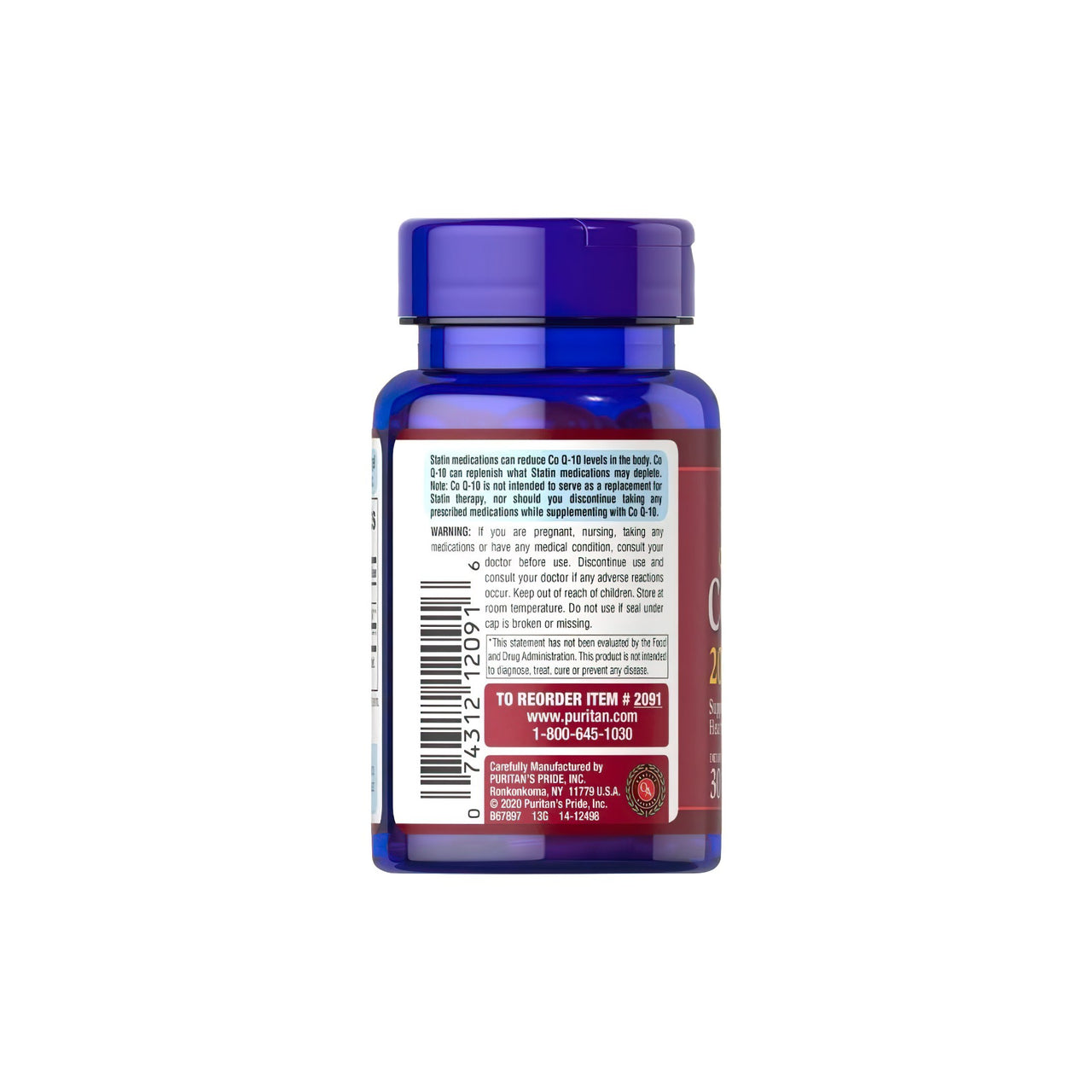 Un frasco de Q-SORB™ Co Q-10 200 mg 30 cápsulas blandas de liberación rápida de Puritan's Pride, repleto de antioxidantes para reforzar el sistema inmunitario, colocado sobre un fondo blanco limpio.