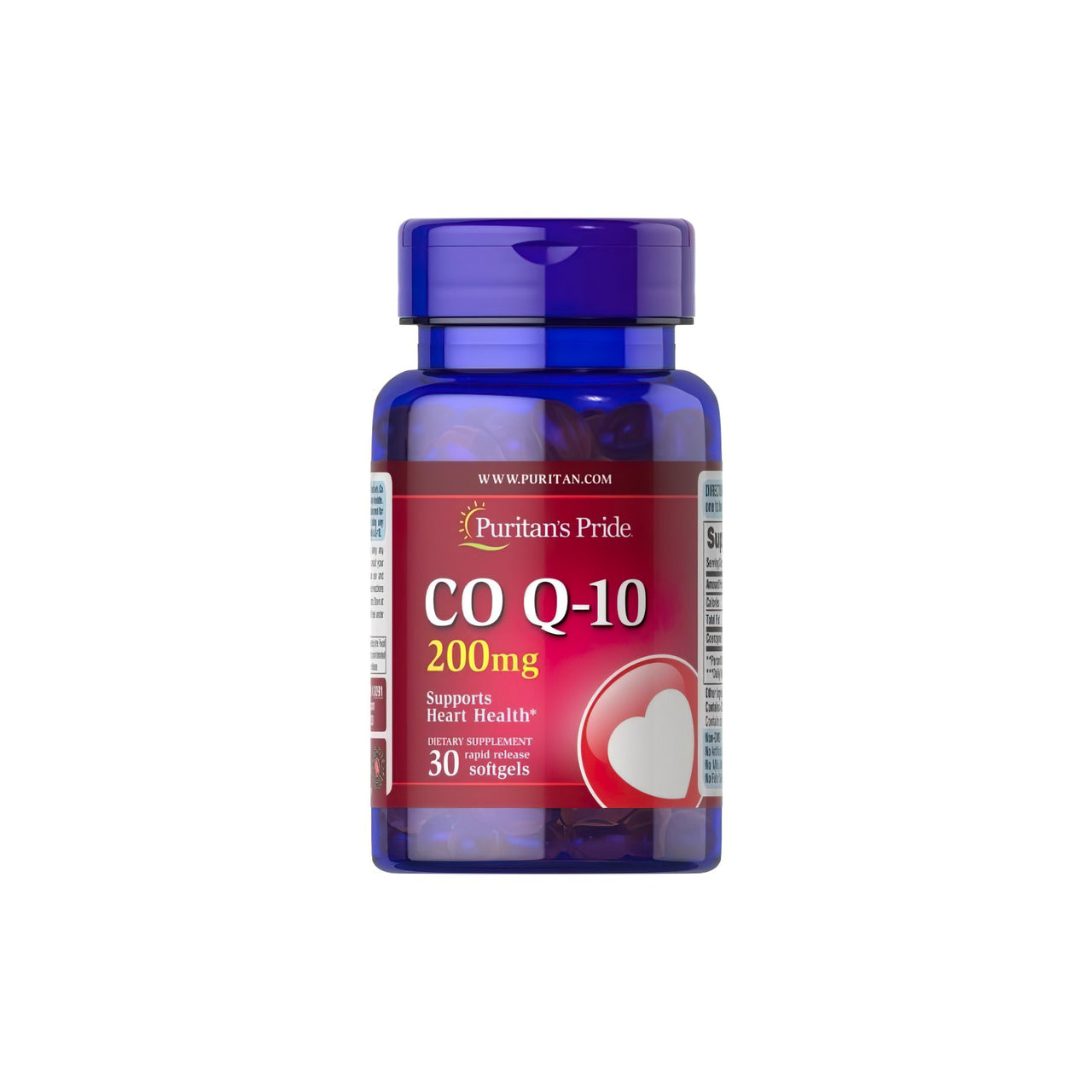 Un frasco de Q-SORB™ Co Q-10 200 mg 30 cápsulas blandas de liberación rápida de Puritan's Pride con fondo blanco repleto de antioxidantes para aumentar los niveles de energía y reforzar el sistema inmunitario.