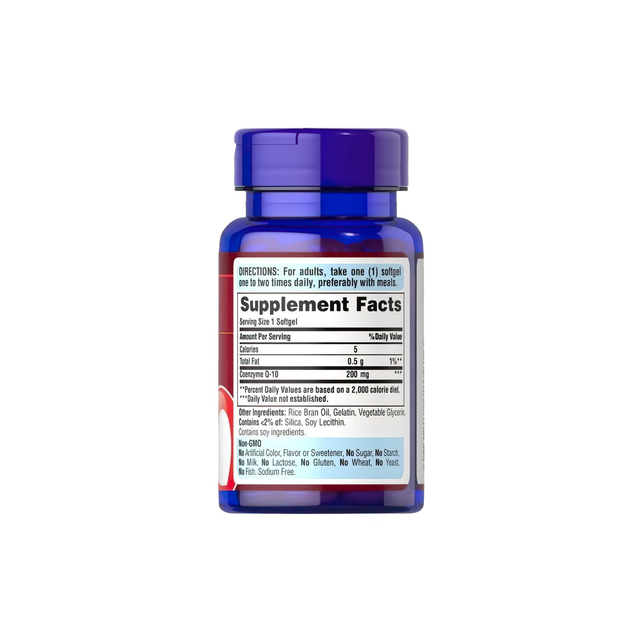 Un frasco de Q-SORB™ Co Q-10 200 mg 30 cápsulas blandas de liberación rápida de Puritan's Pride con una etiqueta que destaca los antioxidantes y los beneficios para el sistema inmunitario.