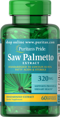 Miniatura de Puritan's Pride Saw Palmetto 320 mg 60 Cápsulas blandas de liberación rápida favorece la salud de la próstata y favorece el flujo del tracto urinario.