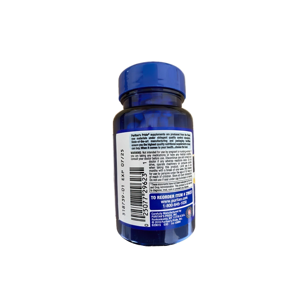 Un frasco de Puritan's Pride Extra Strength Melatonin 5 mg 60 softgels de liberación rápida sobre fondo blanco.