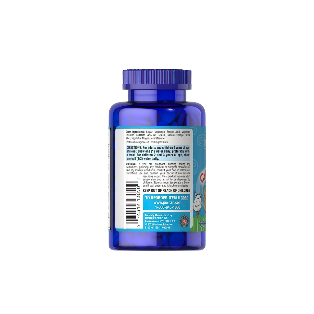 Reverso de una botella azul de PRE- Vites Chlidren's multivitamin 100 chewable wafers, que contiene vitaminas esenciales de Puritan's Pride.