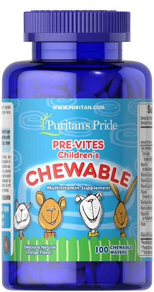 Un frasco de Pre- Vites Multivitamínico infantil 100 obleas masticables, repleto de vitaminas esenciales, Puritan's Pride.