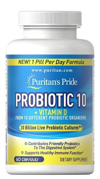 Puritan's Pride Probiótico 10 más vitamina D3 1000 UI 60 cáps. con apoyo inmunitario.