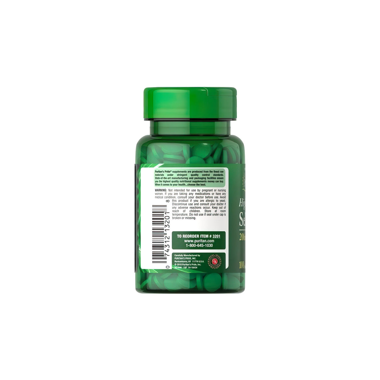 Un frasco de Puritan's Pride Selenio 200 mcg 100 comprimidos, un suplemento dietético que contiene té verde, un antioxidante, sobre fondo blanco.