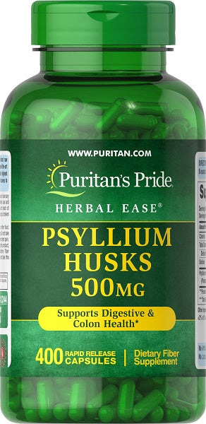 Fomenta la salud digestiva con Puritan's Pride Cáscaras de Psilio 500 mg 400 Cápsulas de liberación rápida, una fuente de fibra soluble para una salud óptima del colon.
