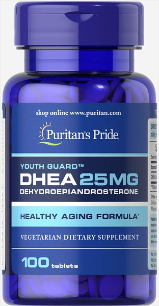 Un frasco de Puritan's Pride DHEA - 25 mg 100 comprimidos.