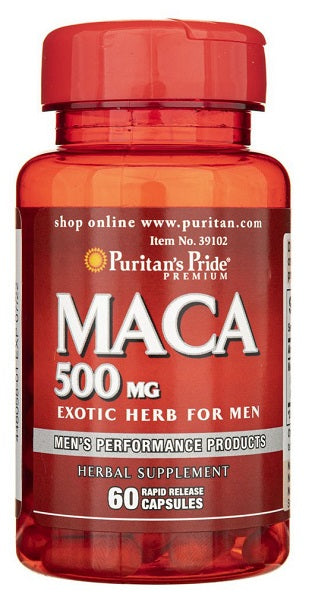 Un frasco de Puritan's Pride Maca 500 mg 60 Cápsulas de liberación rápida para hombres.