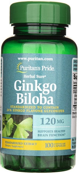 Un frasco de Extracto de Ginkgo Biloba 24% 120 mg 100 cápsulas de Puritan's Pride.