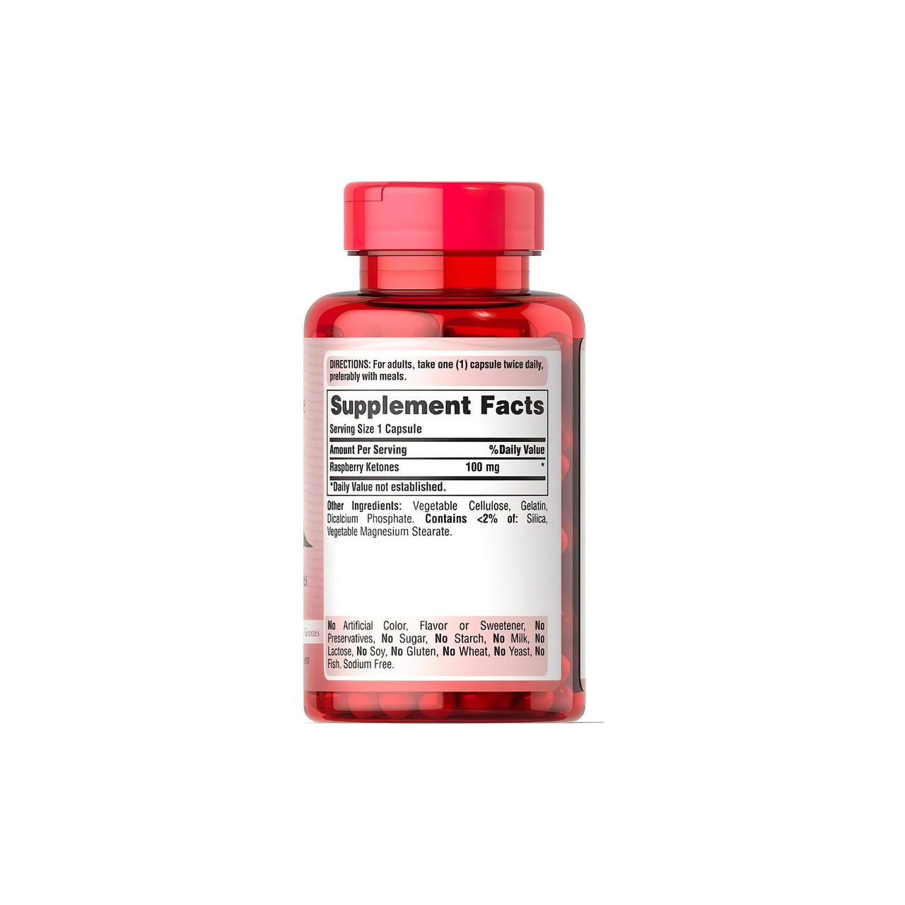 Un frasco de Puritan's Pride Cetonas de frambuesa 100 mg 120 cápsulas Rapid Realase sobre fondo blanco.