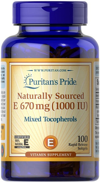 Puritan's Pride Vitamina E 1000 UI Tocoferoles mixtos 100 Cápsulas blandas de liberación rápida proporciona apoyo antioxidante para la salud cardiovascular.