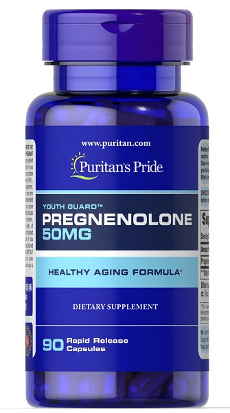 Un frasco de Puritan's Pride pregnenolona 50 mg 90 Cápsulas de liberación rápida diseñadas para un régimen de envejecimiento saludable.