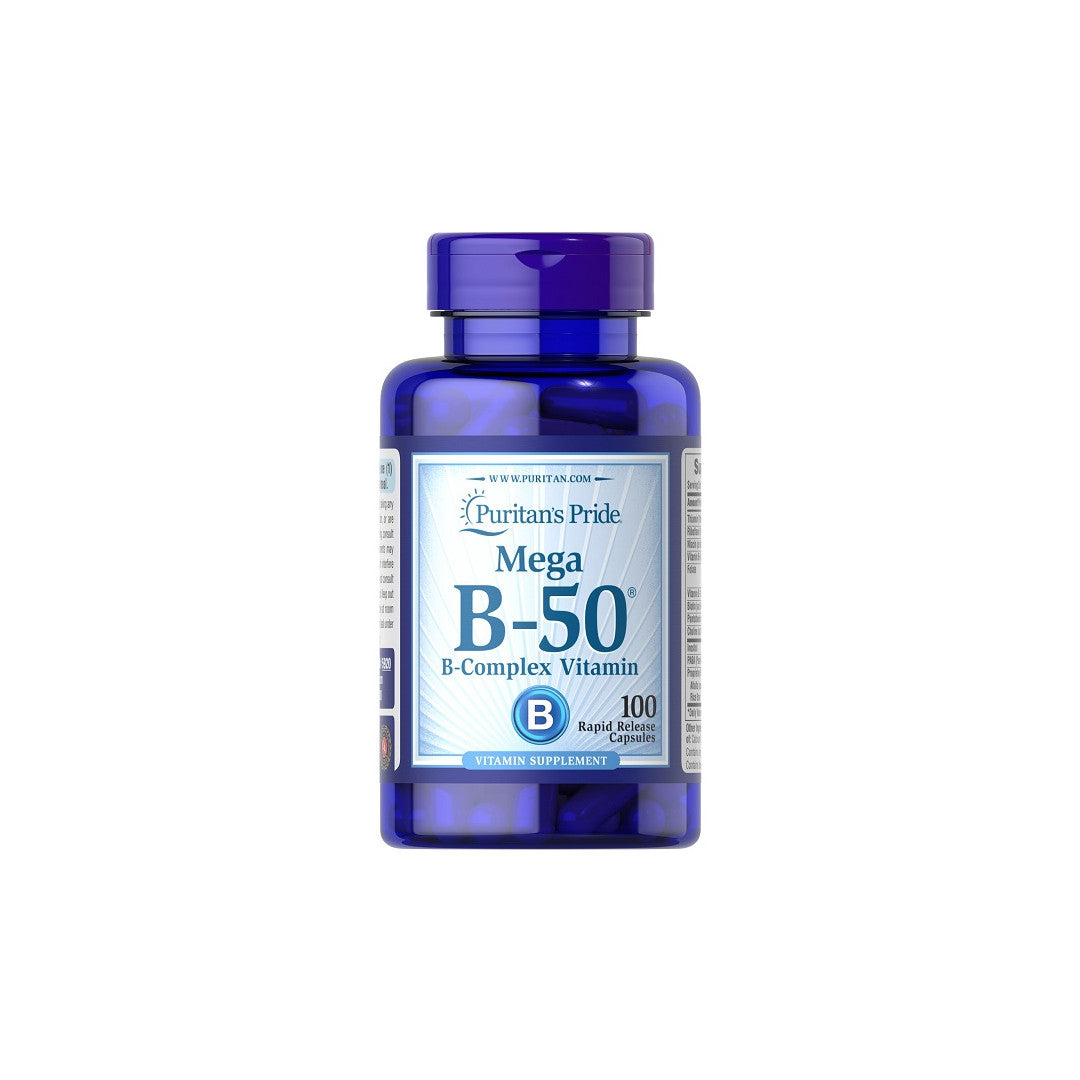 A bottle of Puritan's Pride Vitamin B-50 Complex 100 Rapid Release Capsules for mental and cardiovascular health.