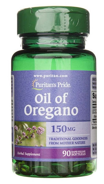 Un frasco potenciador de la inmunidad de Puritan's Pride Aceite de orégano 150 mg 90 cápsulas blandas de liberación rápida.