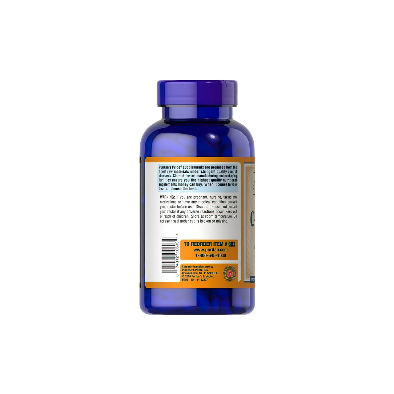 Un frasco de Puritan's Pride Vitamina C-1000 mg con Bioflavonoides y Escaramujo 250 Cápsulas sobre fondo blanco.