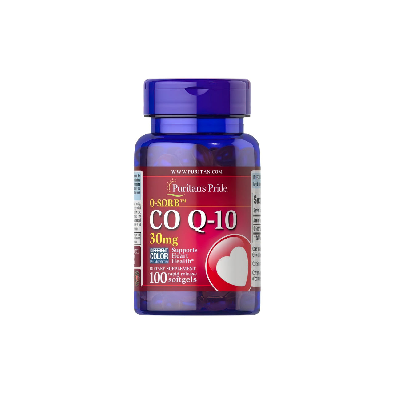 Un frasco de Puritan's Pride Q-SORB™ Co Q-10 30 mg 100 cápsulas blandas de liberación rápida con un corazón, conocido por potenciar la resistencia y los niveles de energía.